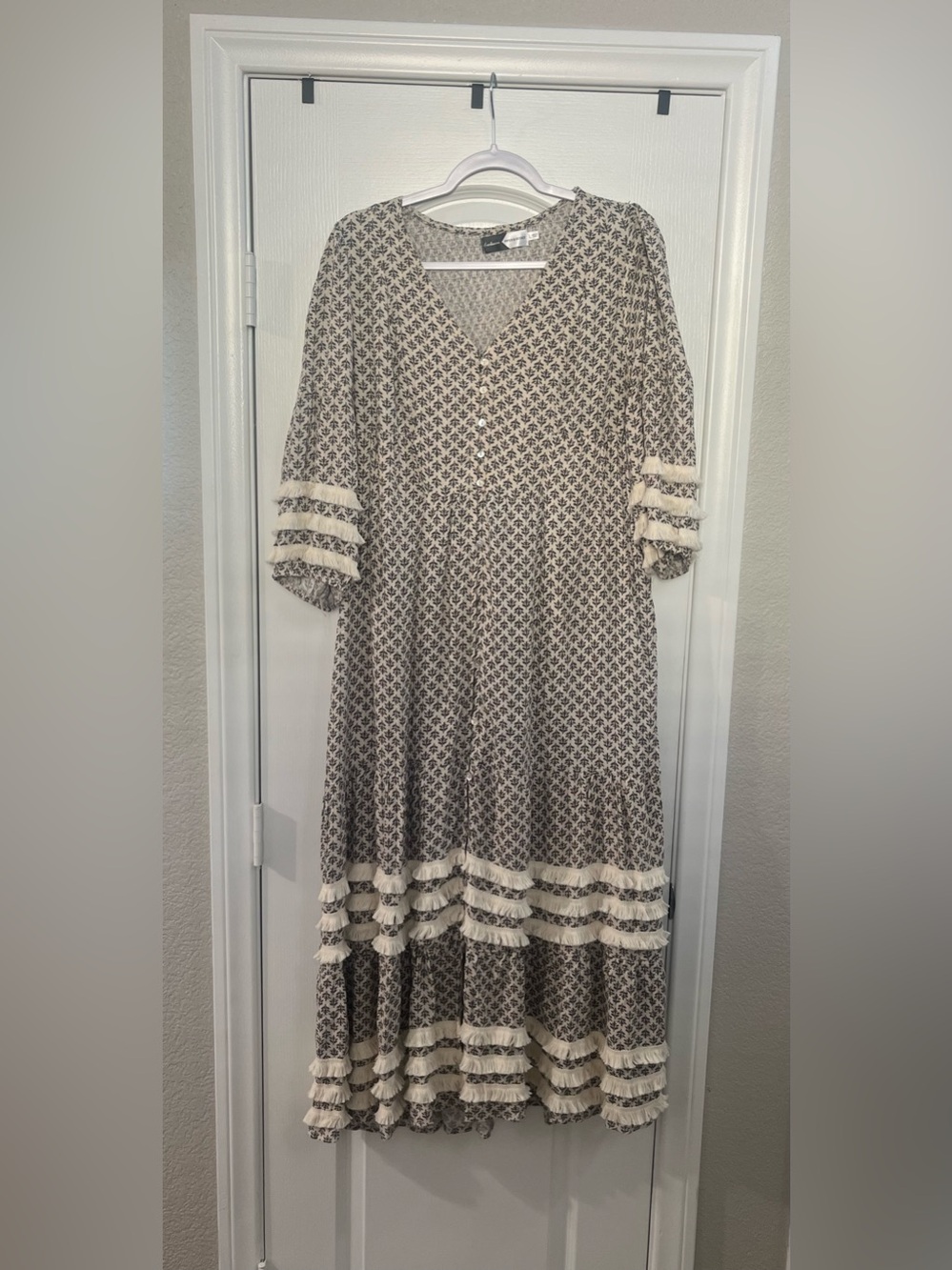 Exclusive Piper & Scoot Soho Fringe V-Neck Printed Maxi Dress with Tassel Trim